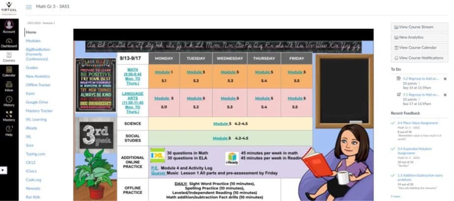 A 3rd grade course dashboard showing the weekly schedule by subject and the To Do list