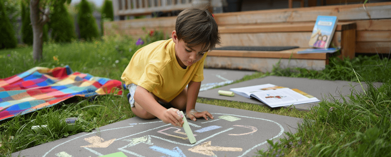 Child drawing with chalk on a path, with books and a blanket nearby.